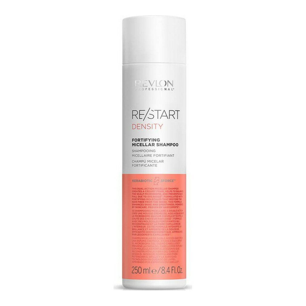 Flacone di shampoo bianco e rosa. Scritte: Revlon Professional, Re/Start Density, Fortifying Micellar Shampoo. 250 ml.
