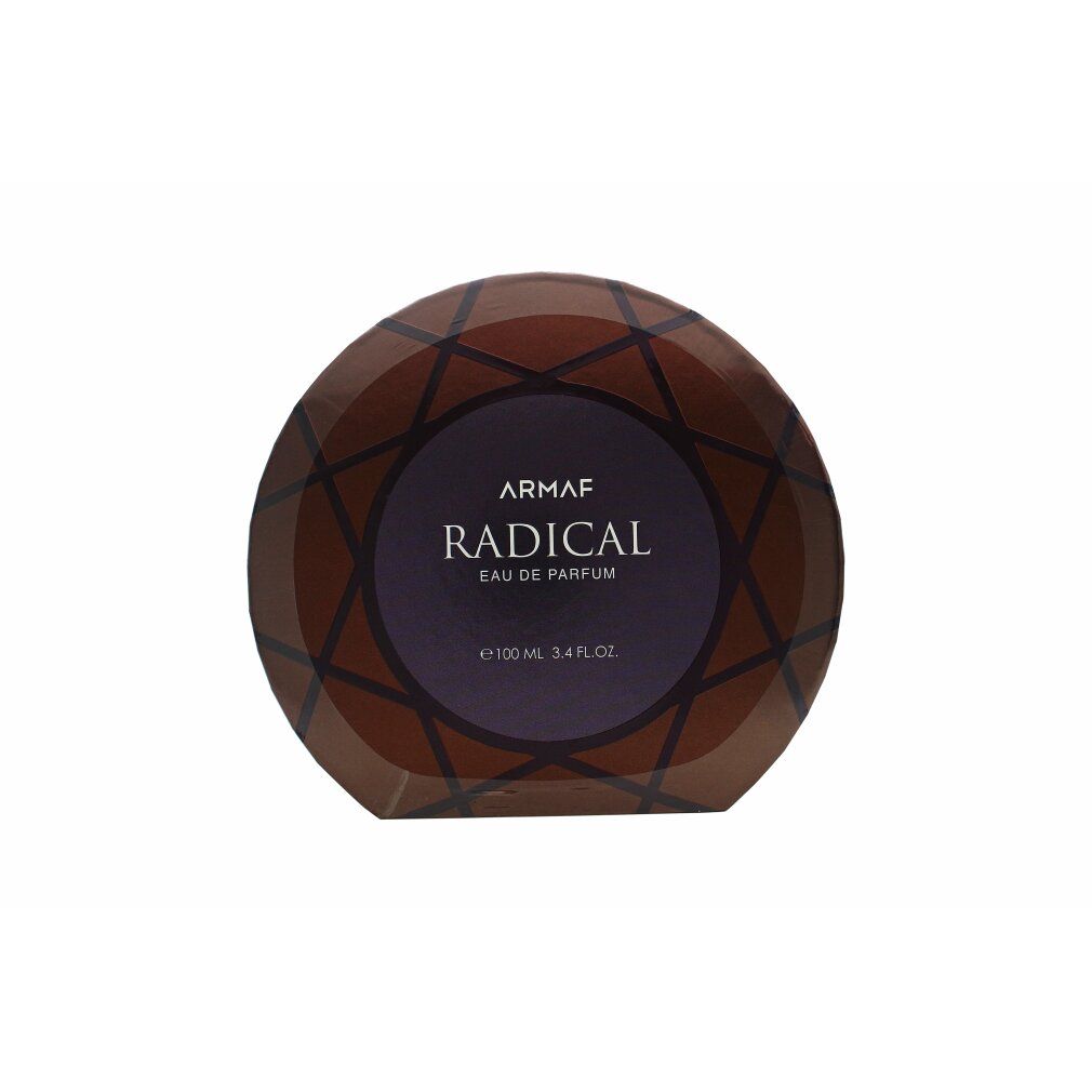 Confezione rotonda marrone con motivo geometrico. Scritta: Armaf Radical Eau de Parfum. Volume: 100 ml.