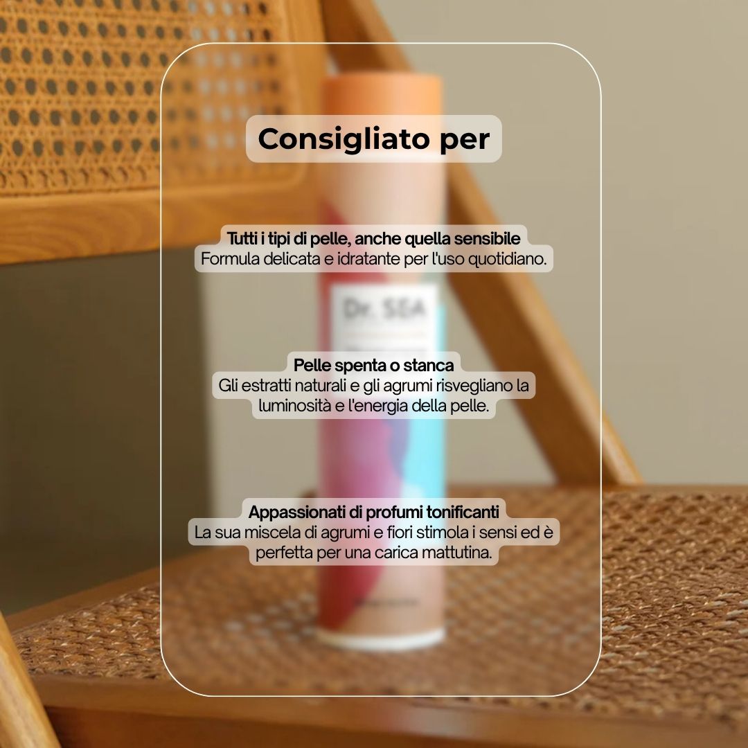Flacone con Dr. SEA, Moisturising Shower Gel. Testo: Consigliato per. Tutti i tipi di pelle, pelle stanca, amanti dei profumi.