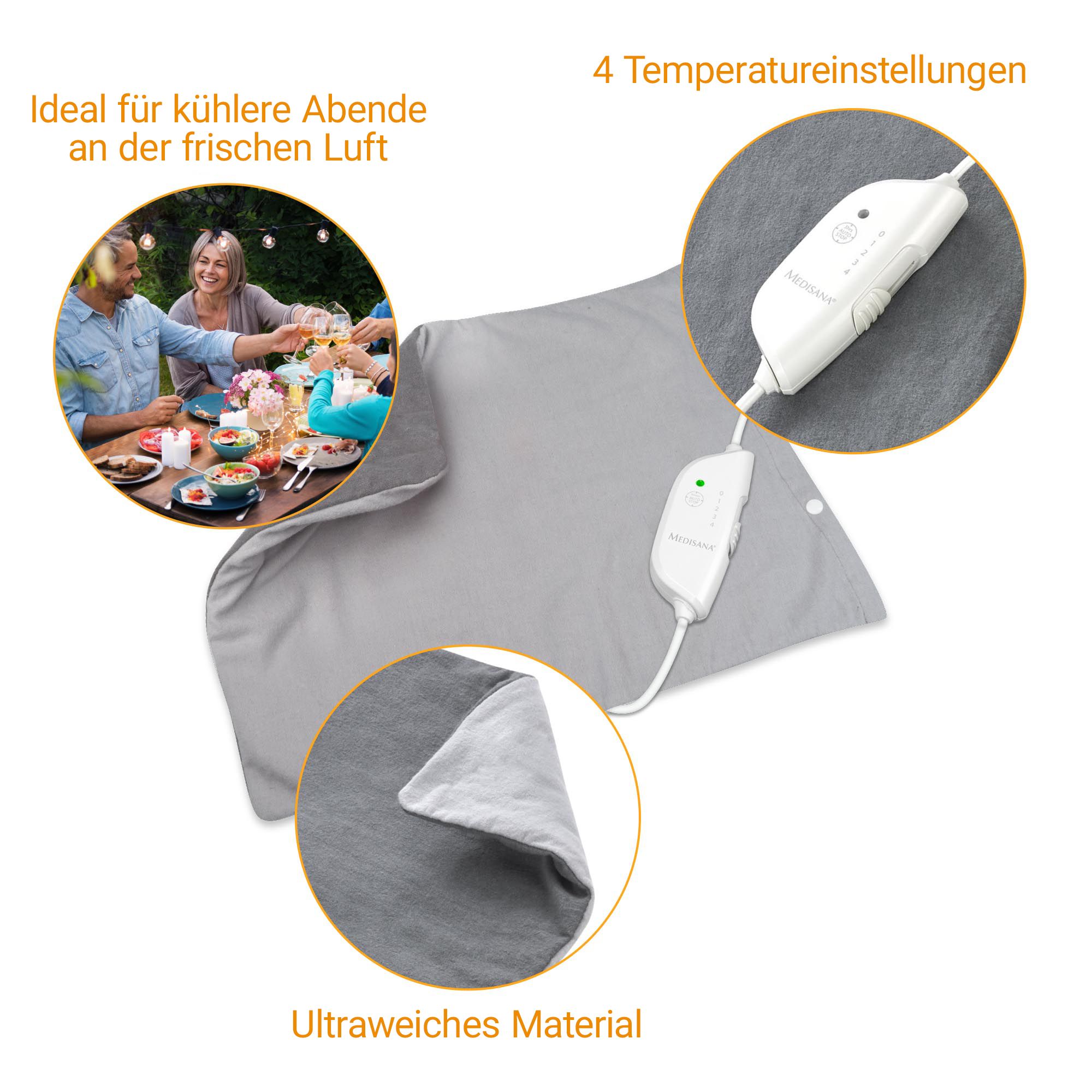 Cuscino riscaldante grigio con comando, 4 livelli di temperatura, materiale ultra-morbido.