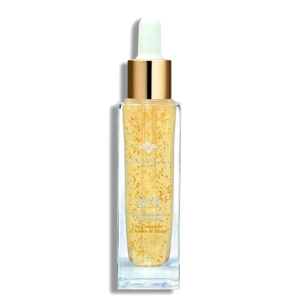 Flacone in vetro con siero dorato. Scritta: Élixir de Lys.