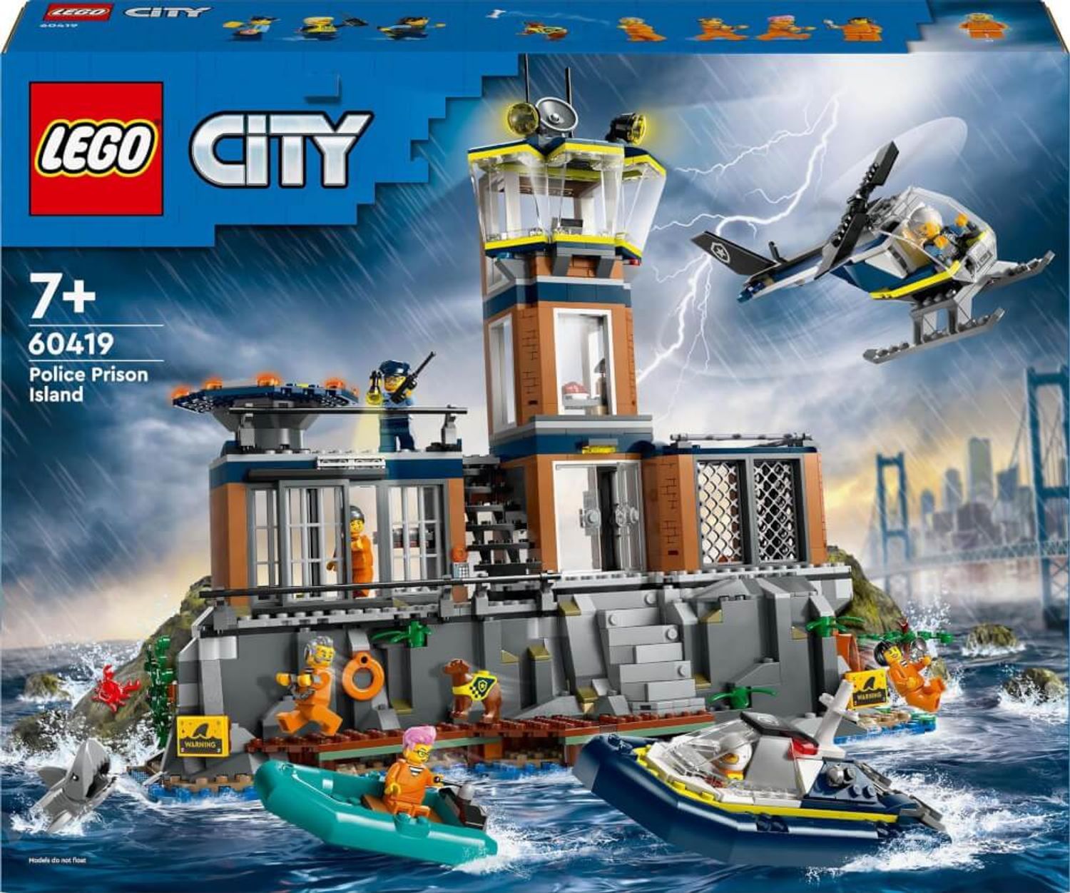 LEGO City Prigione sull'Isola. Set con prigione, elicottero, barche e personaggi. Confezione con logo e numero prodotto.