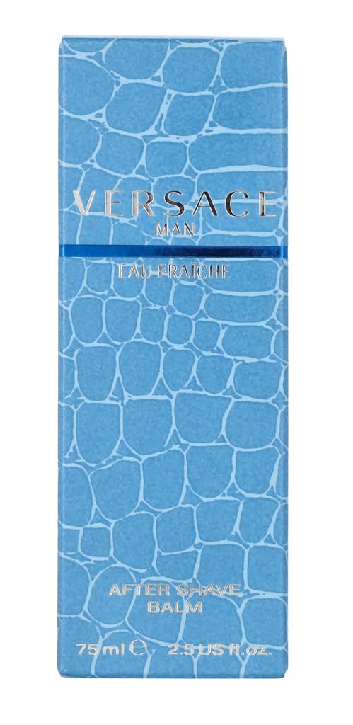 Confezione blu chiaro Versace. Scritta 'Eau Fraiche' e 'After Shave Balm'. Design a motivo coccodrillo.