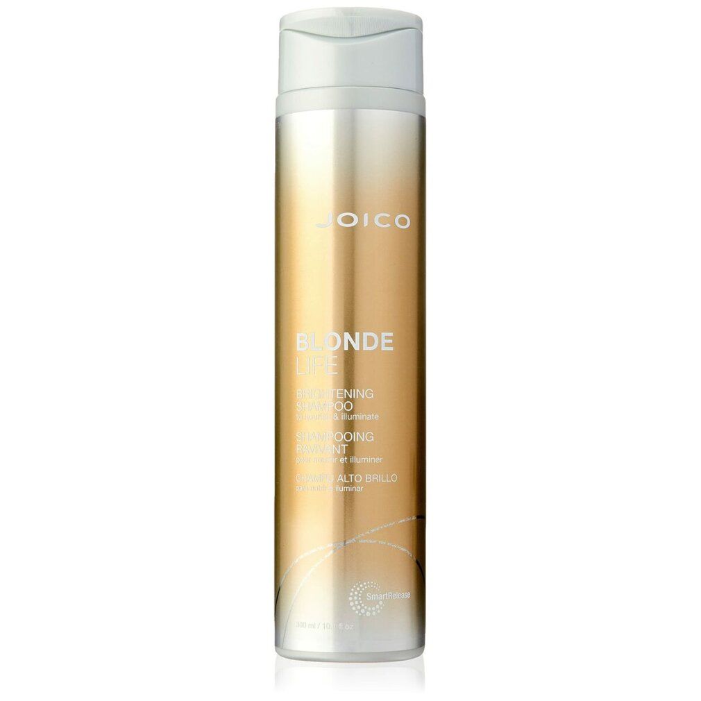 Shampoo JOICO Blonde Life. Bottiglia con tappo bianco ed etichetta dorata. Testo: Blonde Life, Brightening Shampoo.