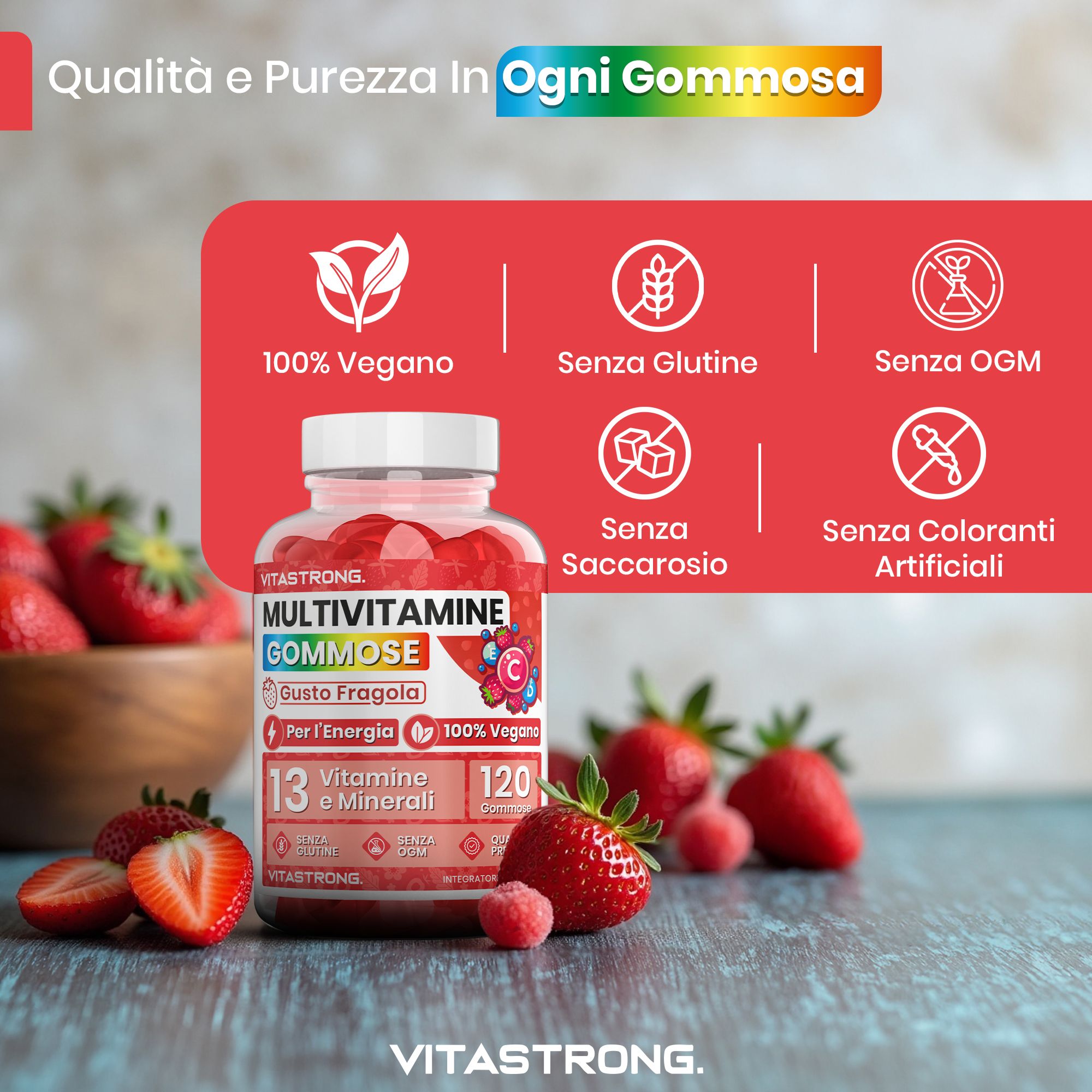 Vitastrong Multivitamine Gommose, gusto fragola, 120 pezzi. 100% vegano, senza glutine, senza OGM, senza saccarosio, senza coloranti artificiali.
