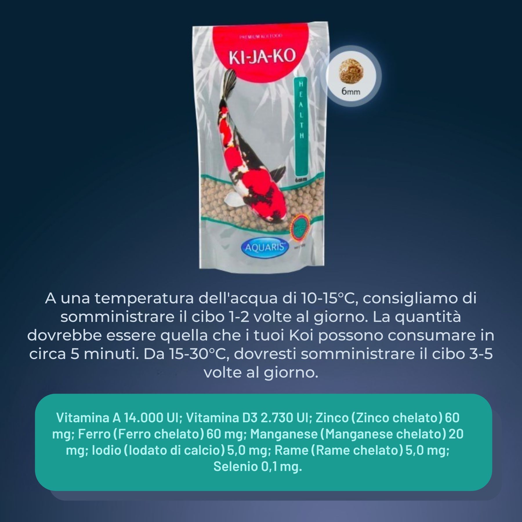 Confezione di mangime per carpe koi. Testo: KI-JA-KO, Health, 6mm. Ingredienti e raccomandazioni per l'alimentazione.