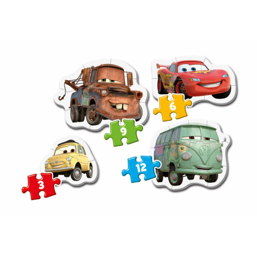 Quattro puzzle con auto del film Cars. Ogni puzzle ha un numero diverso di pezzi: 3, 6, 9 e 12. Singoli pezzi del puzzle.