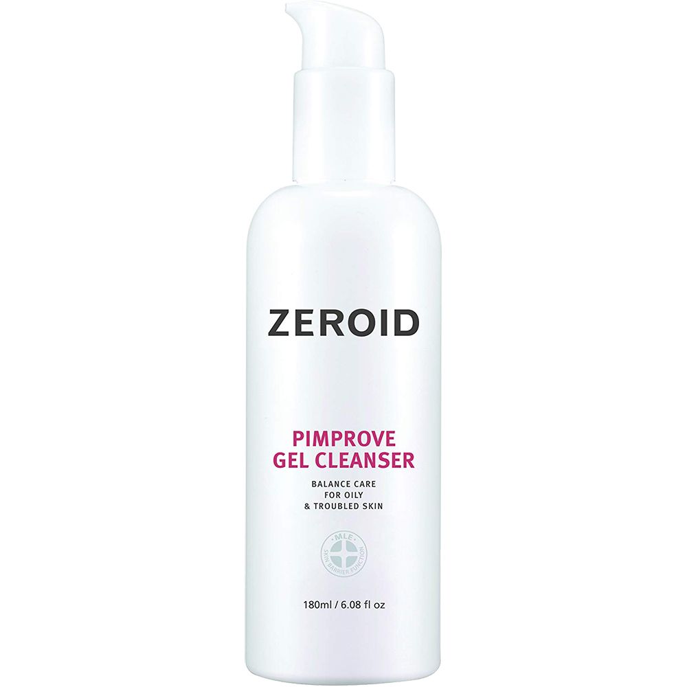 Flacone bianco con dosatore. Scritta: ZEROID, Pimprove Gel Cleanser. Per pelli grasse e problematiche. 180ml.