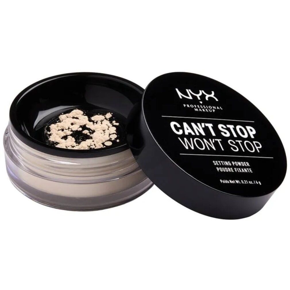 Cipria fissante NYX Professional Makeup. Coperchio nero con scritta CAN'T STOP WON'T STOP. Barattolo di cipria sfusa aperto.