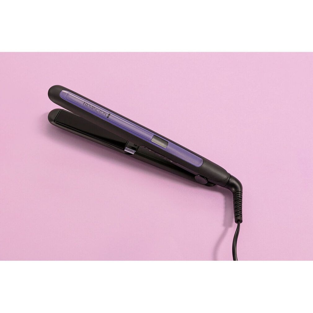Piastra per capelli nera e blu. Marchio Remington visibile. Display digitale.
