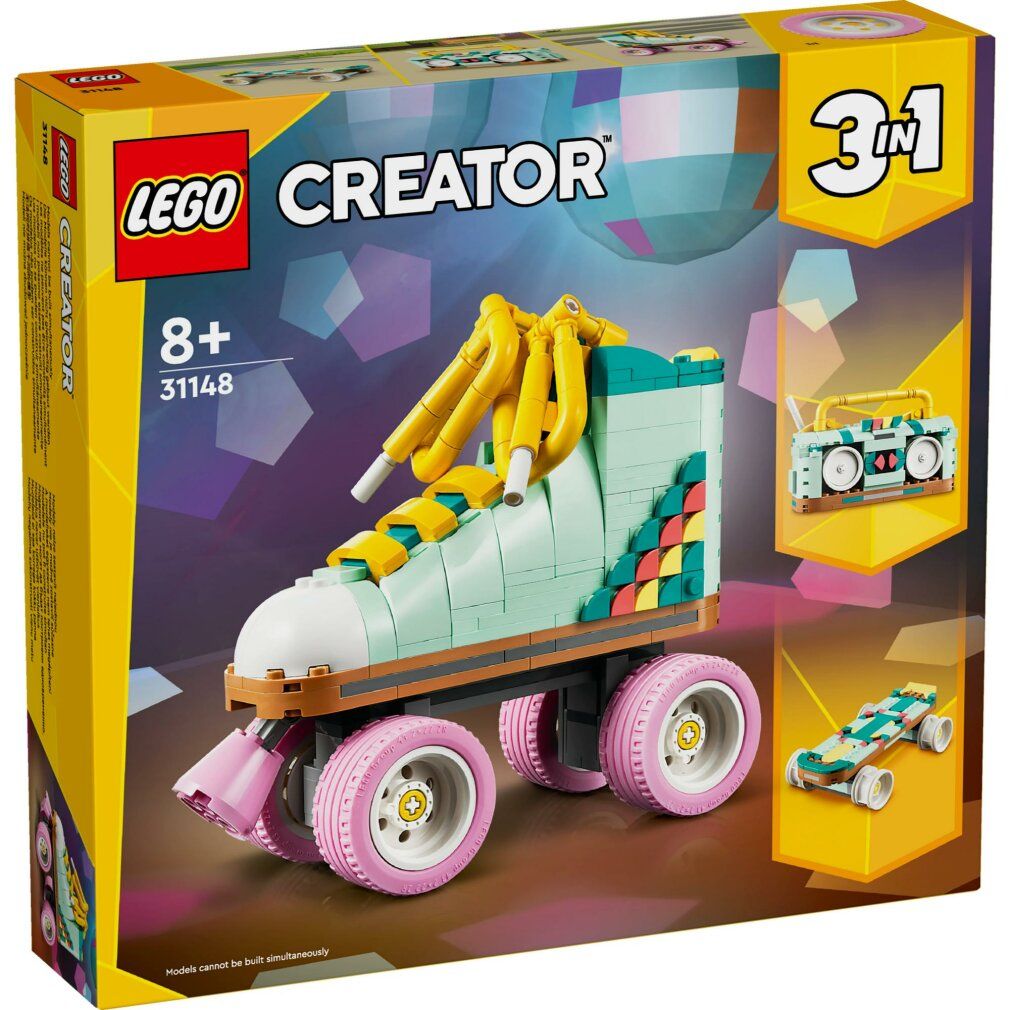 LEGO Creator 3in1. Pattino a rotelle retrò in mattoncini LEGO. Verde menta, ruote rosa, lacci gialli. Confezione.