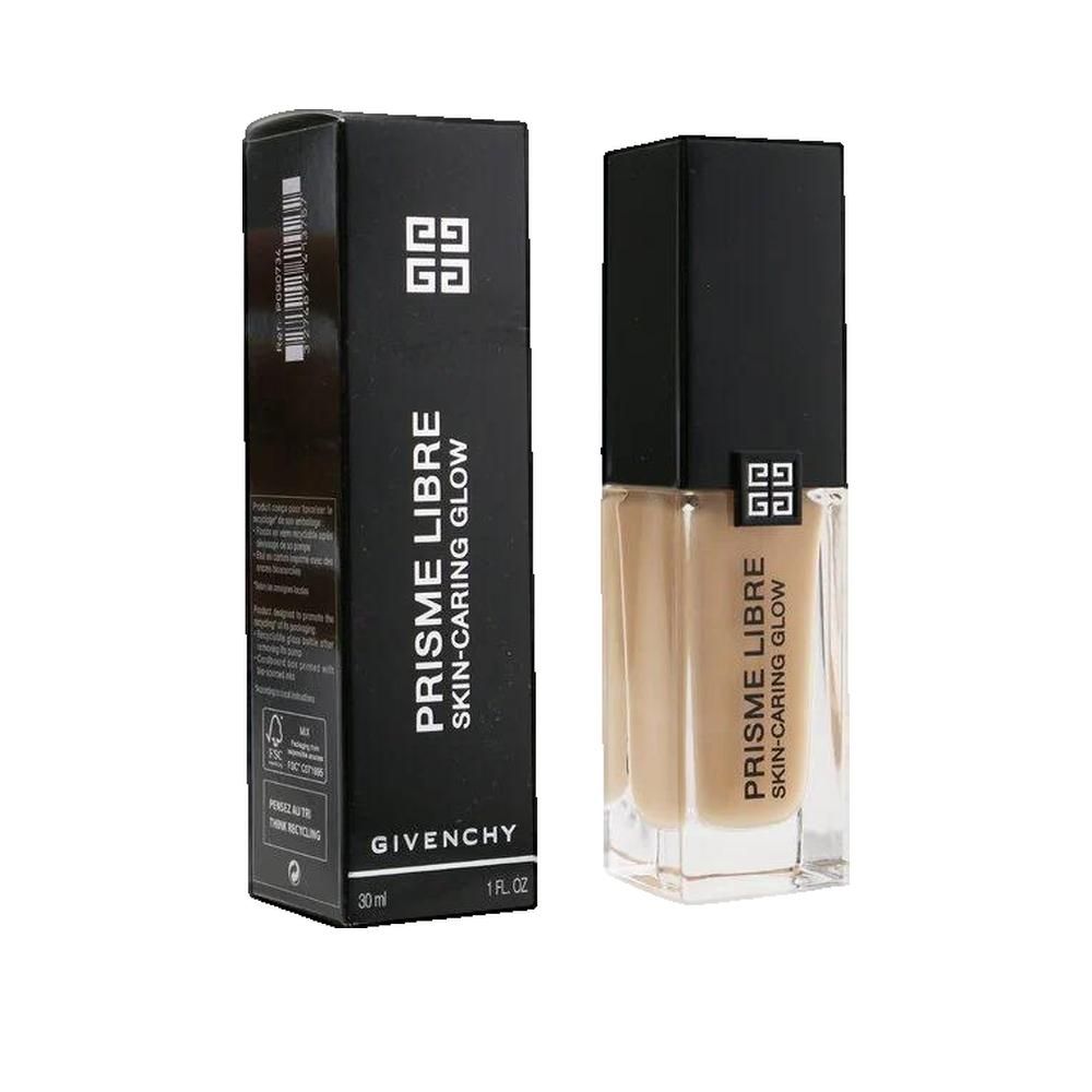 Confezione nera e flacone cosmetico. Sulla confezione: "PRISME LIBRE SKIN-CARING GLOW" e "GIVENCHY". Flacone con liquido beige.