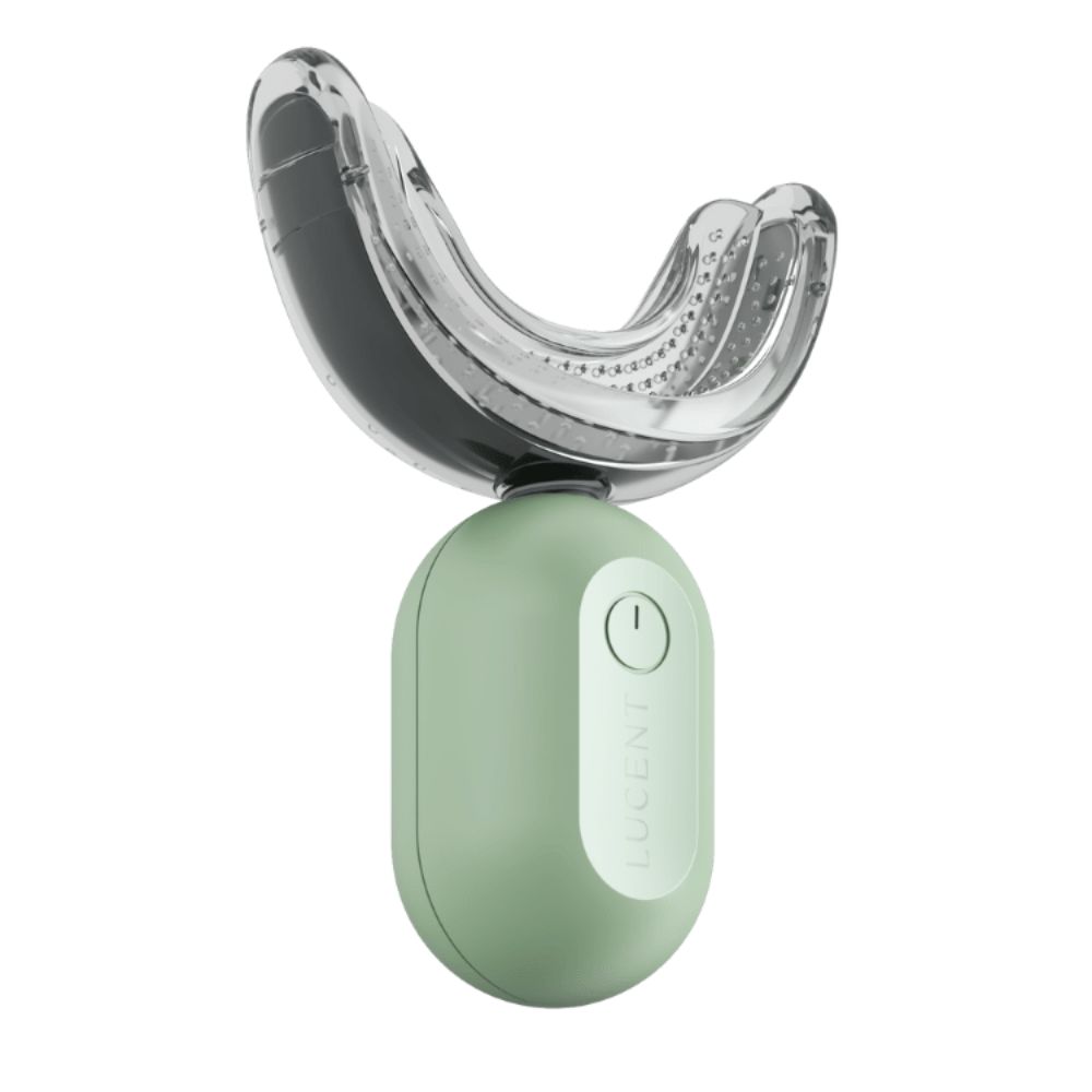 Boccaglio verde con base. Base con scritta "LUCENT". Boccaglio trasparente.