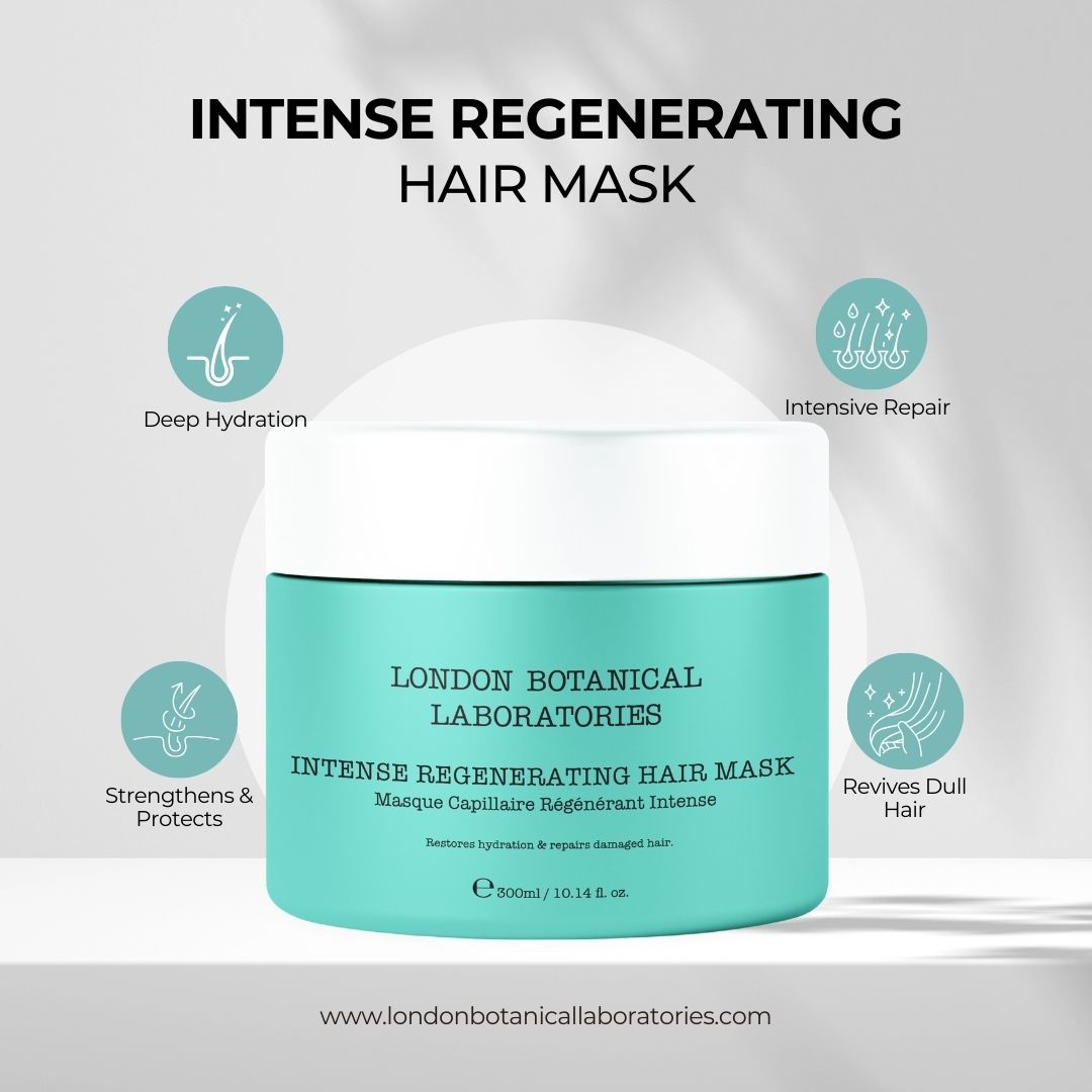 Vaso turchese con coperchio bianco. Testo: Intense Regenerating Hair Mask. Icone con testo: Deep Hydration, Intensive Repair, Revives Dull Hair.