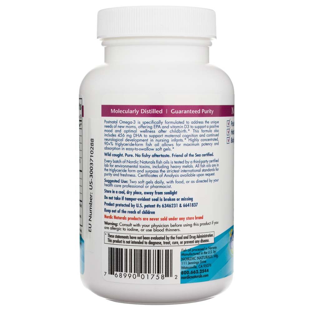 Retro flacone Nordic Naturals Postnatal Omega-3: distillato molecolarmente, purezza garantita, istruzioni per l'uso.