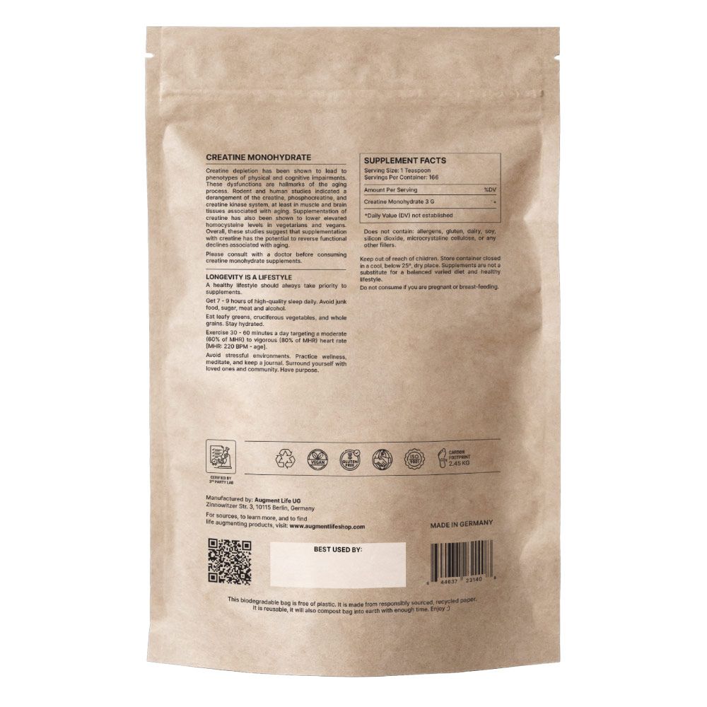 Sacchetto di carta marrone con informazioni nutrizionali e dettagli del prodotto per creatina monoidrato.