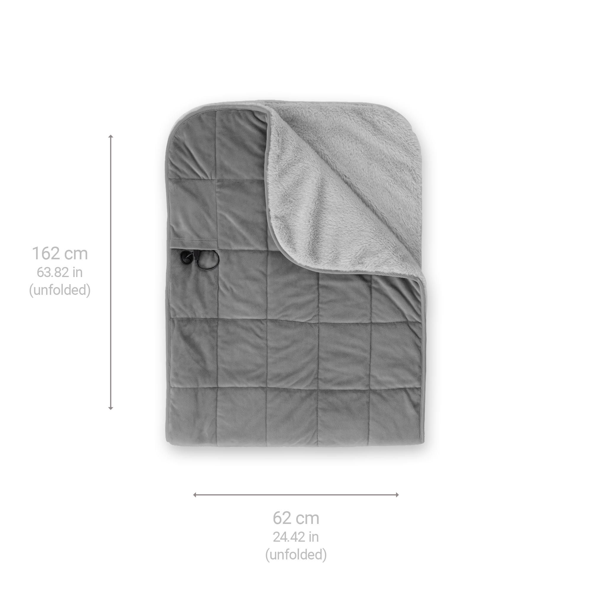 Coperta termica grigia con motivo a quadri. Dimensioni: 162 cm x 62 cm (aperta). Anello nero.