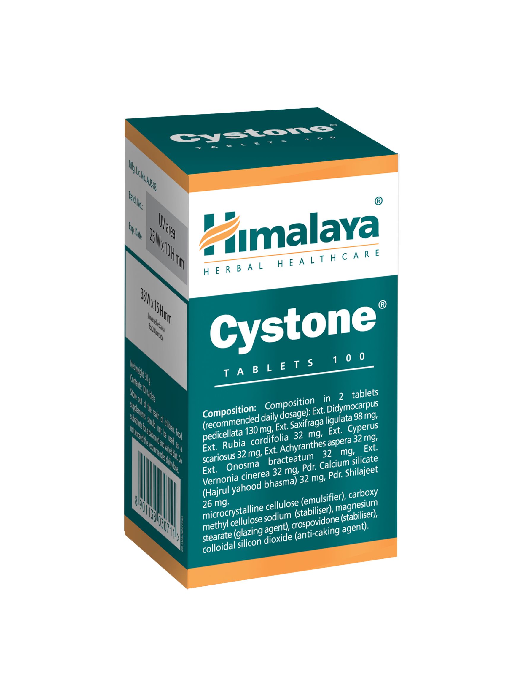 Cystone Himalaya 100 compresse con elenco dettagliato degli ingredienti.