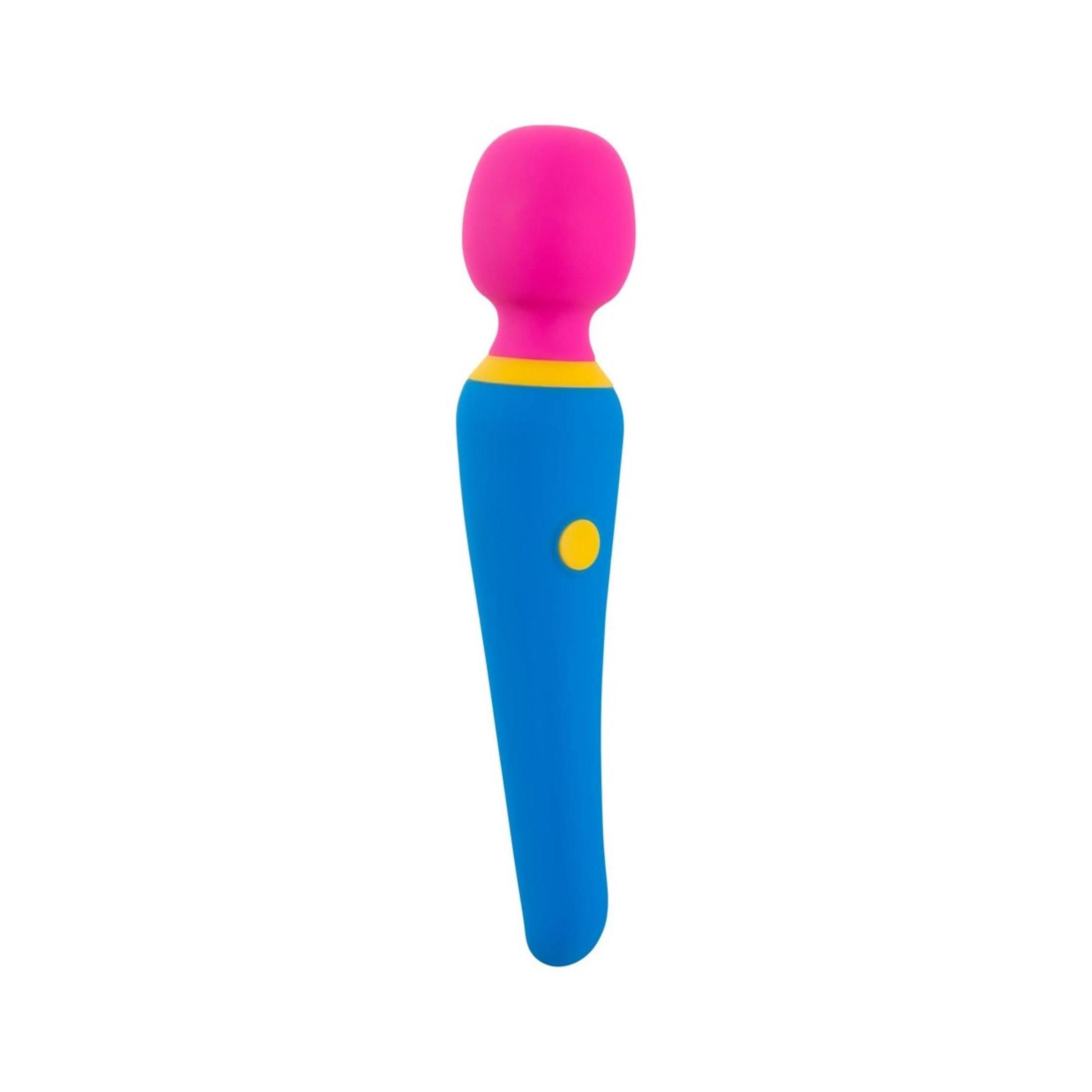 Vibratore blu, giallo e rosa. Impugnatura cilindrica, testa rotonda. Bottone giallo. In silicone.