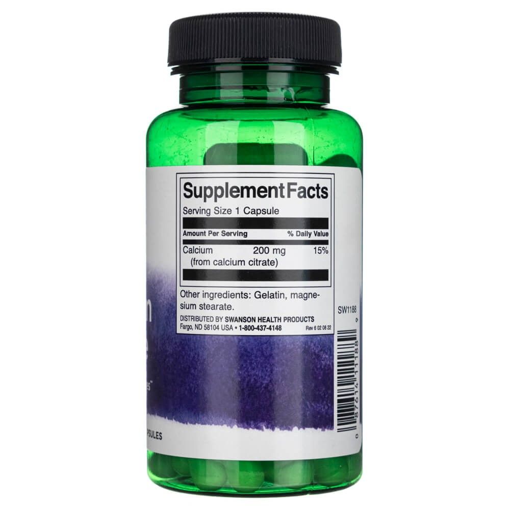 Retro della bottiglia SWANSON Calcium Citrate con informazioni nutrizionali.