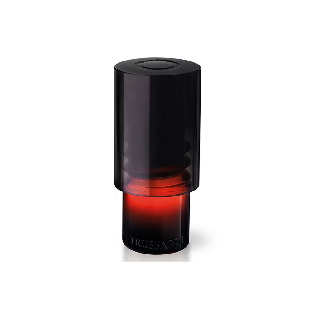 Flacone cilindrico nero e rosso. In basso, la scritta "TRUSSARDI".