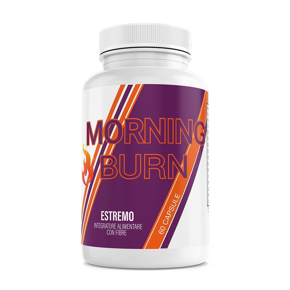 Flacone bianco con etichetta viola e arancione. Scritta: MORNING BURN, EXTREMO, 60 capsule. Integratore alimentare.