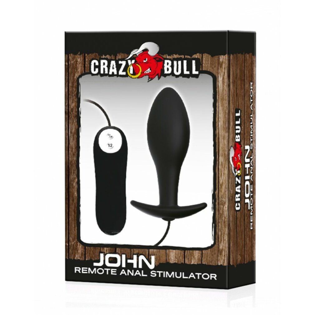 Confezione con tappo anale nero e telecomando. Testo: CRAZY BULL, JOHN, Remote Anal Stimulator.