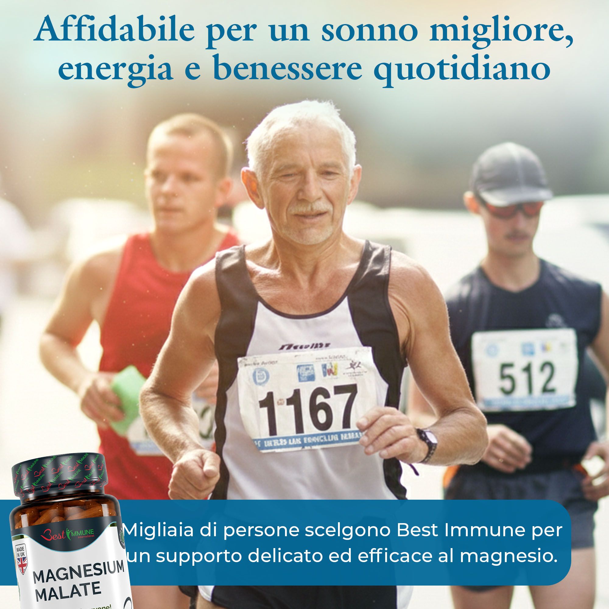 Corridori in gara, flacone di magnesio malato in primo piano. Migliaia scelgono Best Immune per il magnesio.