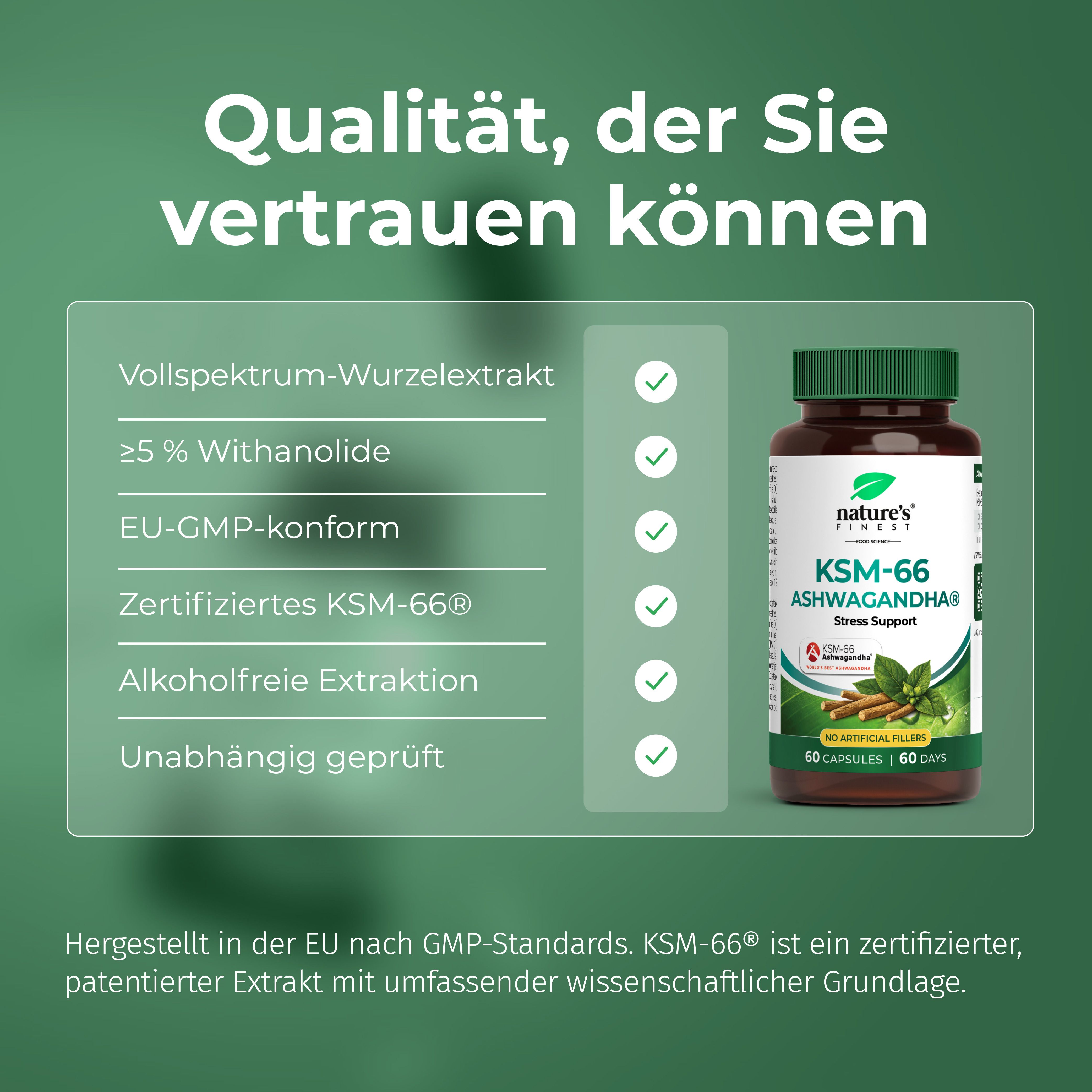 Caratteristiche di qualità: Estratto di radice a spettro completo, ≥5% Withanolidi, conforme alle GMP UE, KSM-66® certificato, estrazione senza alcol.