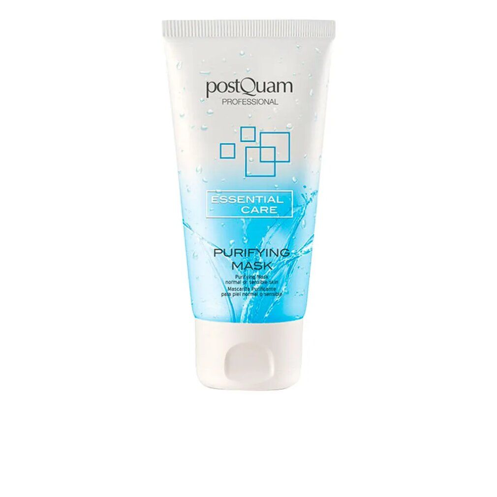 Tubo bianco con design blu. Scritta: Postquam Professional, Essential Care, Purifying Mask. Prodotto per la cura del viso.