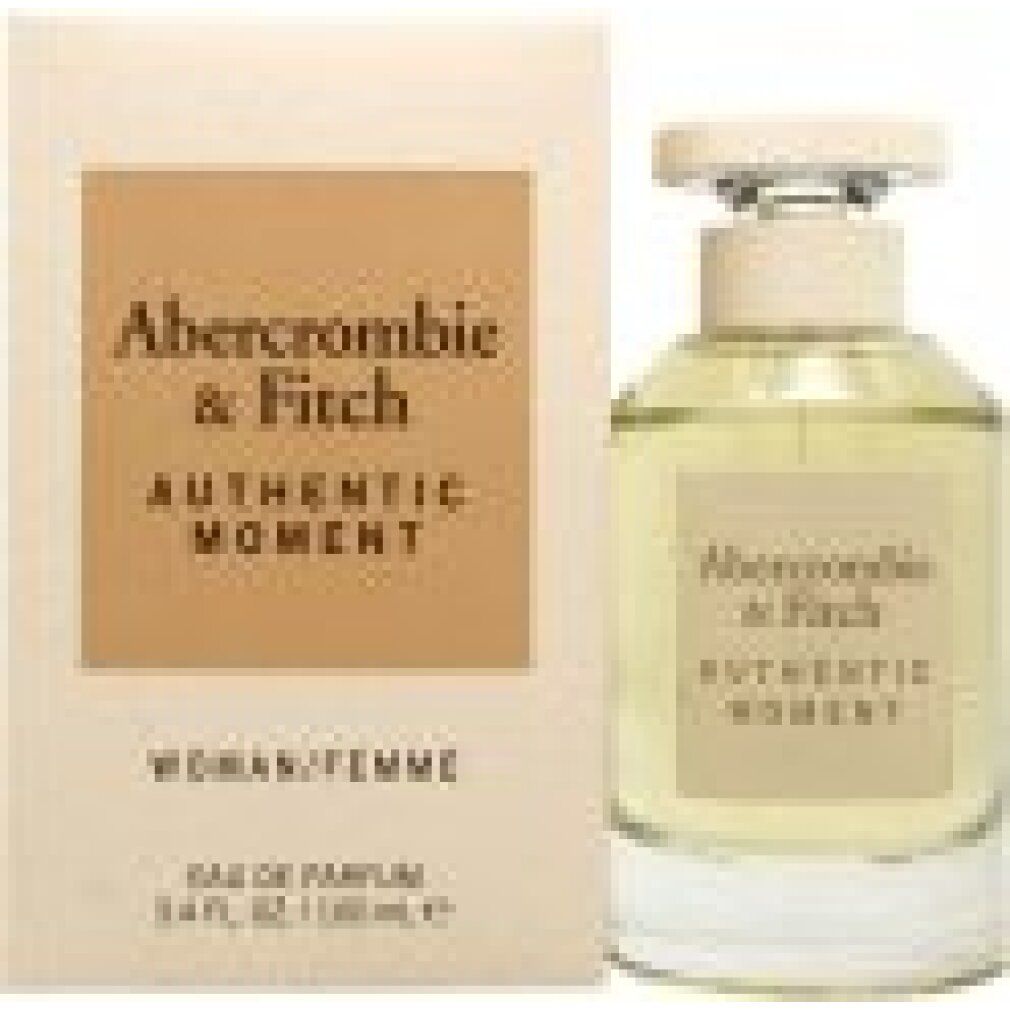 Flacone di profumo e confezione. Scritta: Abercrombie & Fitch, Authentic Moment, Woman/Femme. 100 ml.
