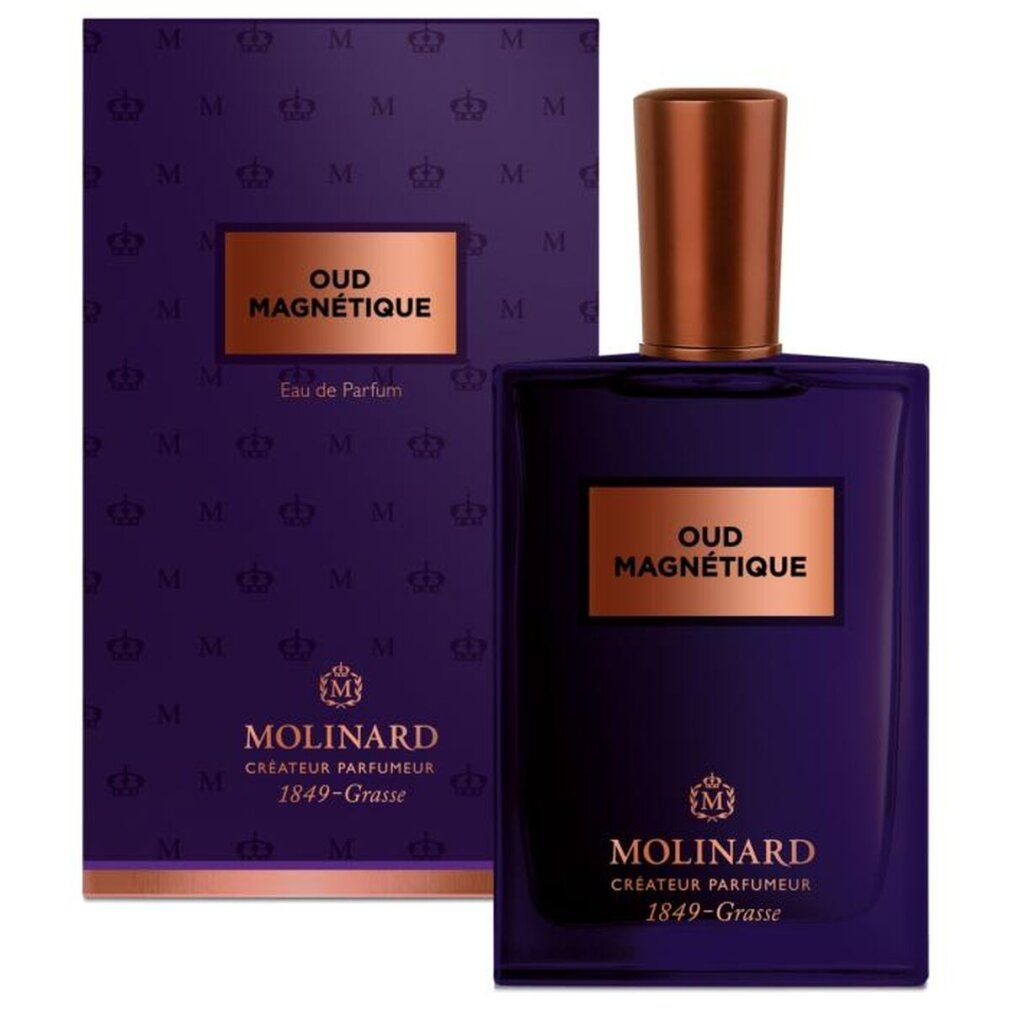 Flacone blu scuro con tappo ed etichetta color rame. Scritta: Oud Magnetique, Molinard. Confezione rettangolare con logo.