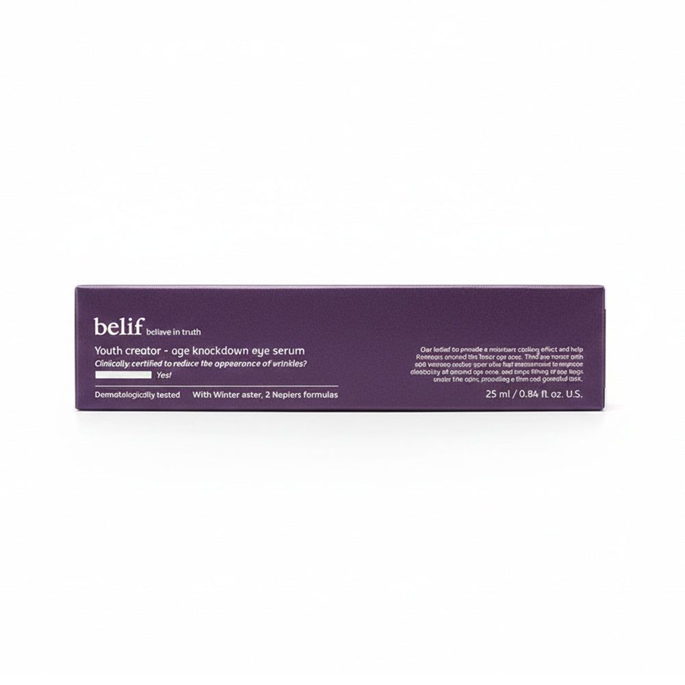 Scatola di imballaggio per crema contorno occhi Belif. Viola con testo bianco. Contiene informazioni sul prodotto e dimensioni.