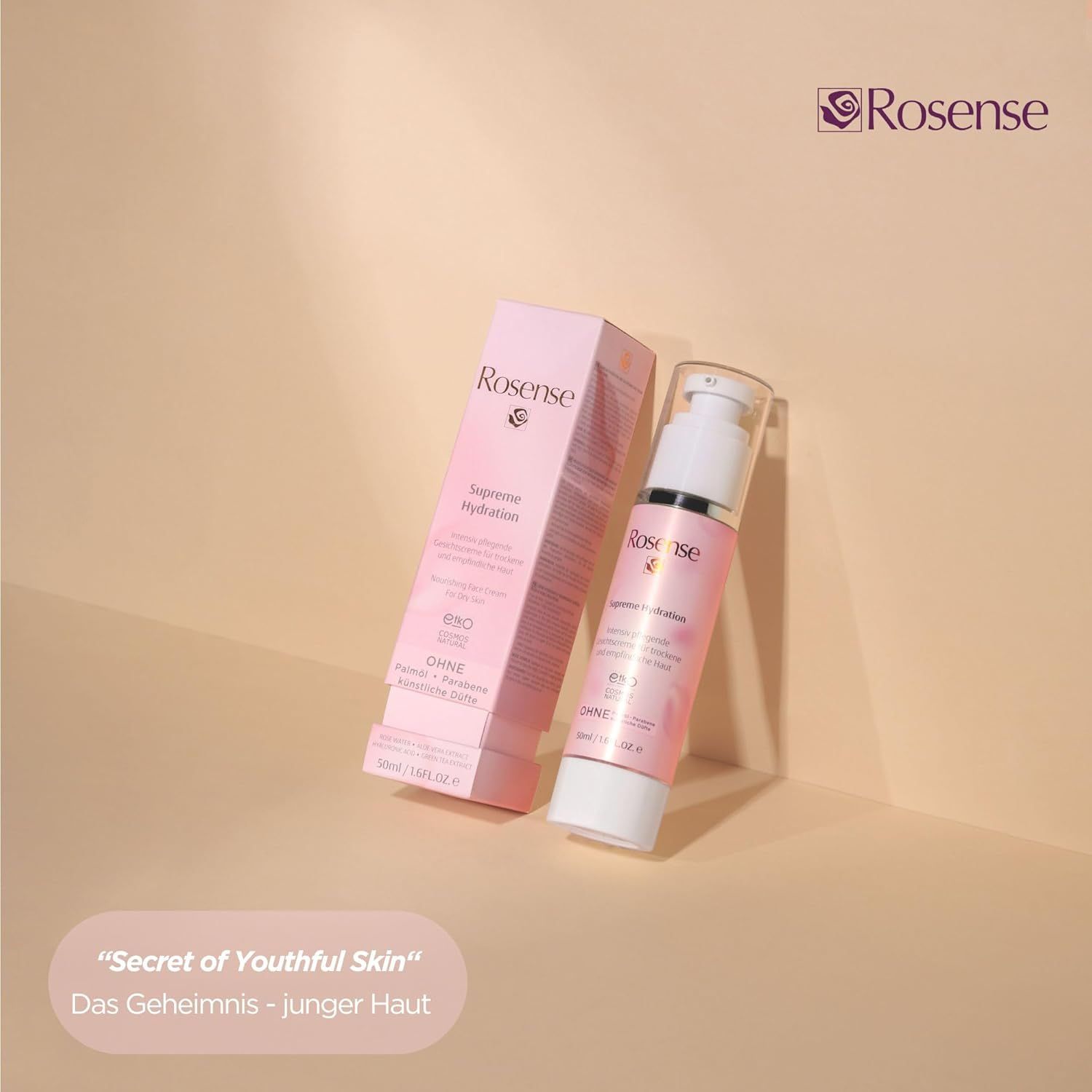 Crema Rosense Supreme Hydration e confezione. Confezione rosa con nome e logo del prodotto. 50 ml. Secret of Youthful Skin.