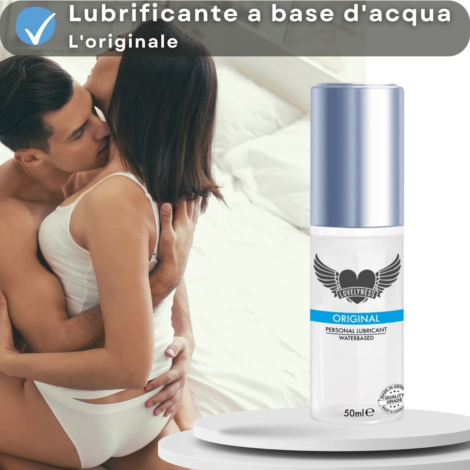 Flacone di lubrificante con tappo argentato. Scritta: ORIGINAL, PERSONAL LUBRICANT WATERBASED. Logo con ali. Coppia che si bacia.