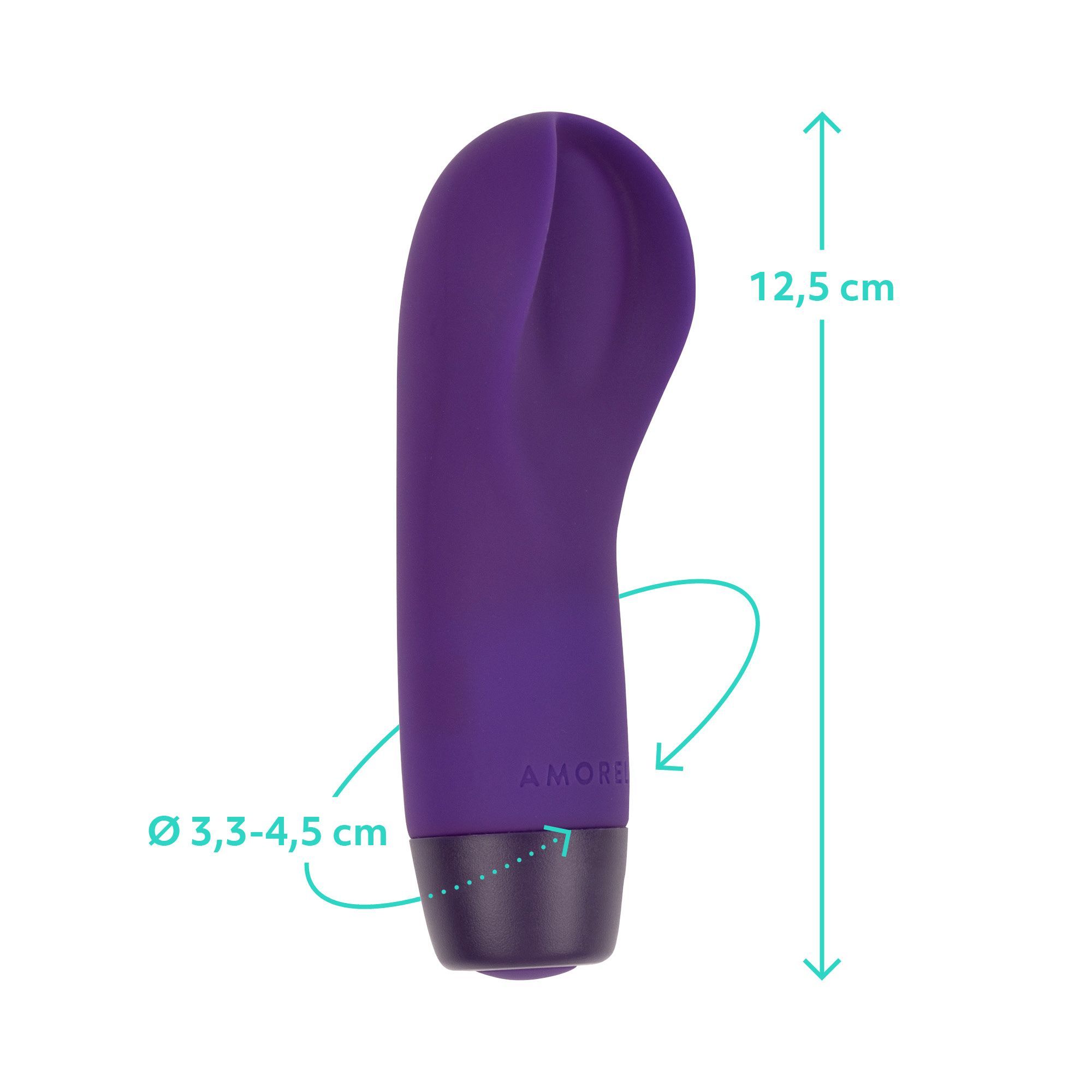 Vibratore viola con dimensioni. Diametro 3,3-4,5 cm. Lunghezza 12,5 cm. Logo AMORELIE sull'impugnatura.