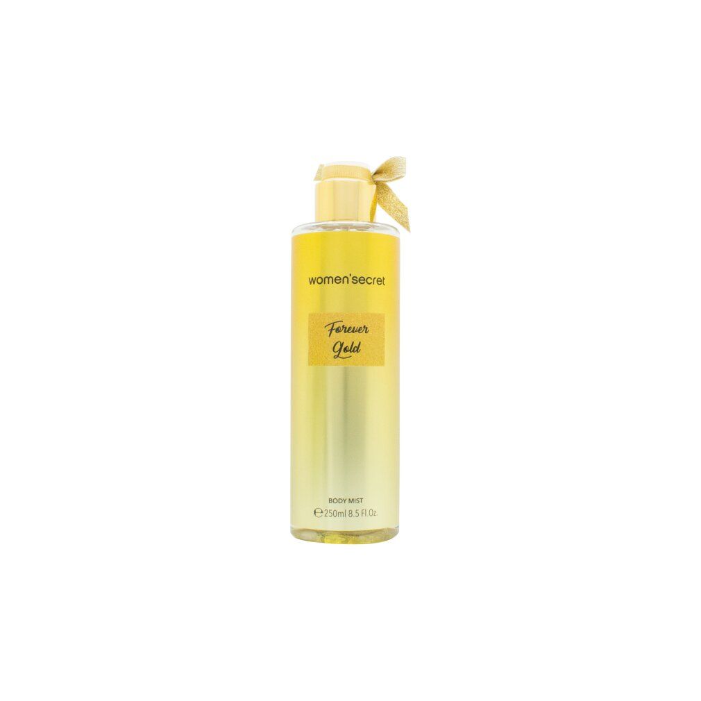 Body mist dorato con tappo e fiocco gialli. Scritte: women'secret, Forever Gold, BODY MIST.