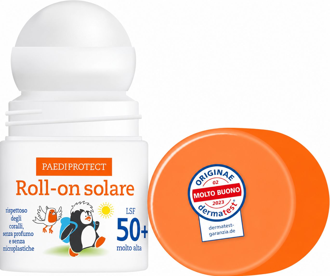 PAEDIPROTECT Roll-on solare LSF 50+ con tappo arancione. Contiene il sigillo Dermatest.