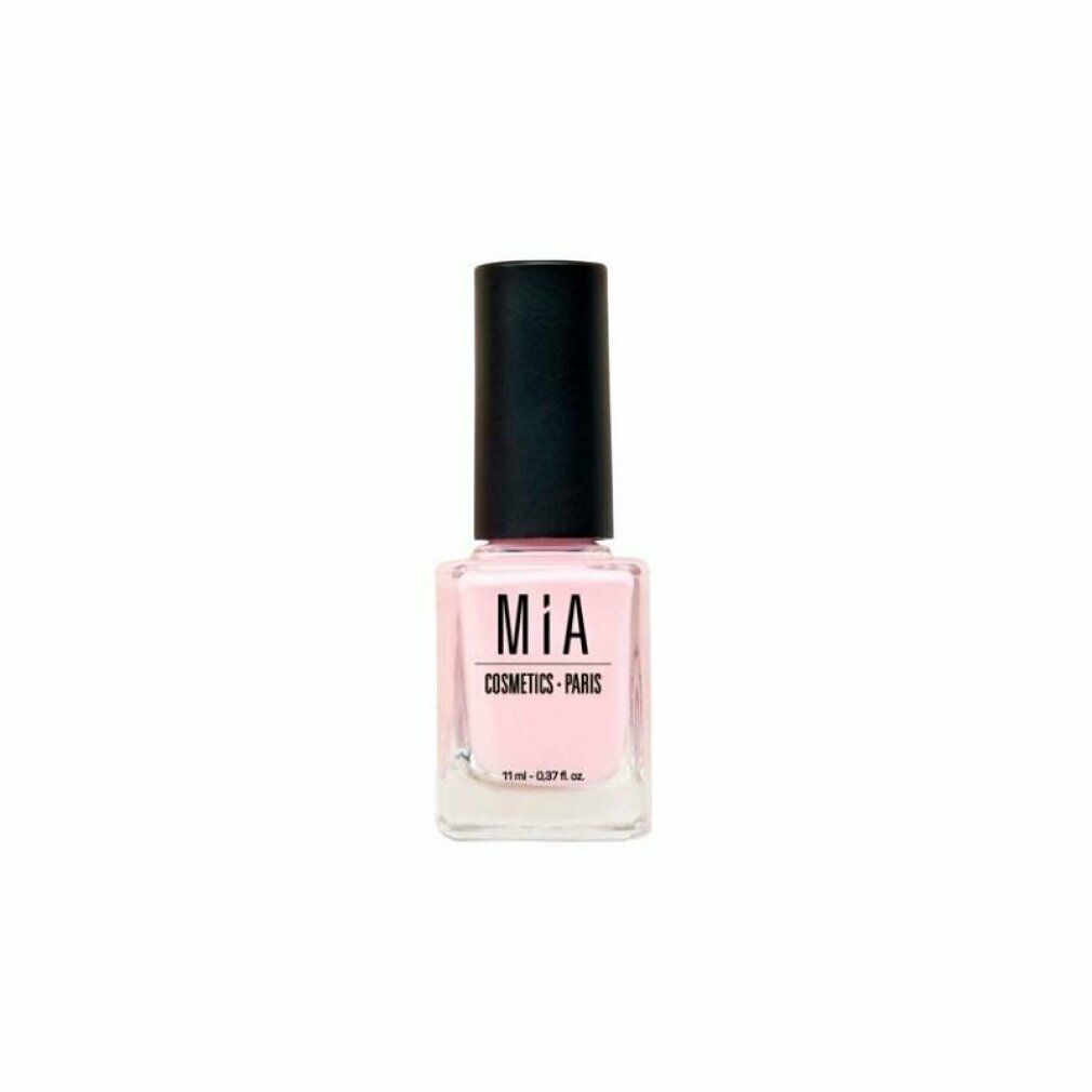 Flacone di smalto rosa con tappo nero. Scritta: MIA COSMETICS - PARIS. Volume: 11 ml - 0,37 fl. oz.