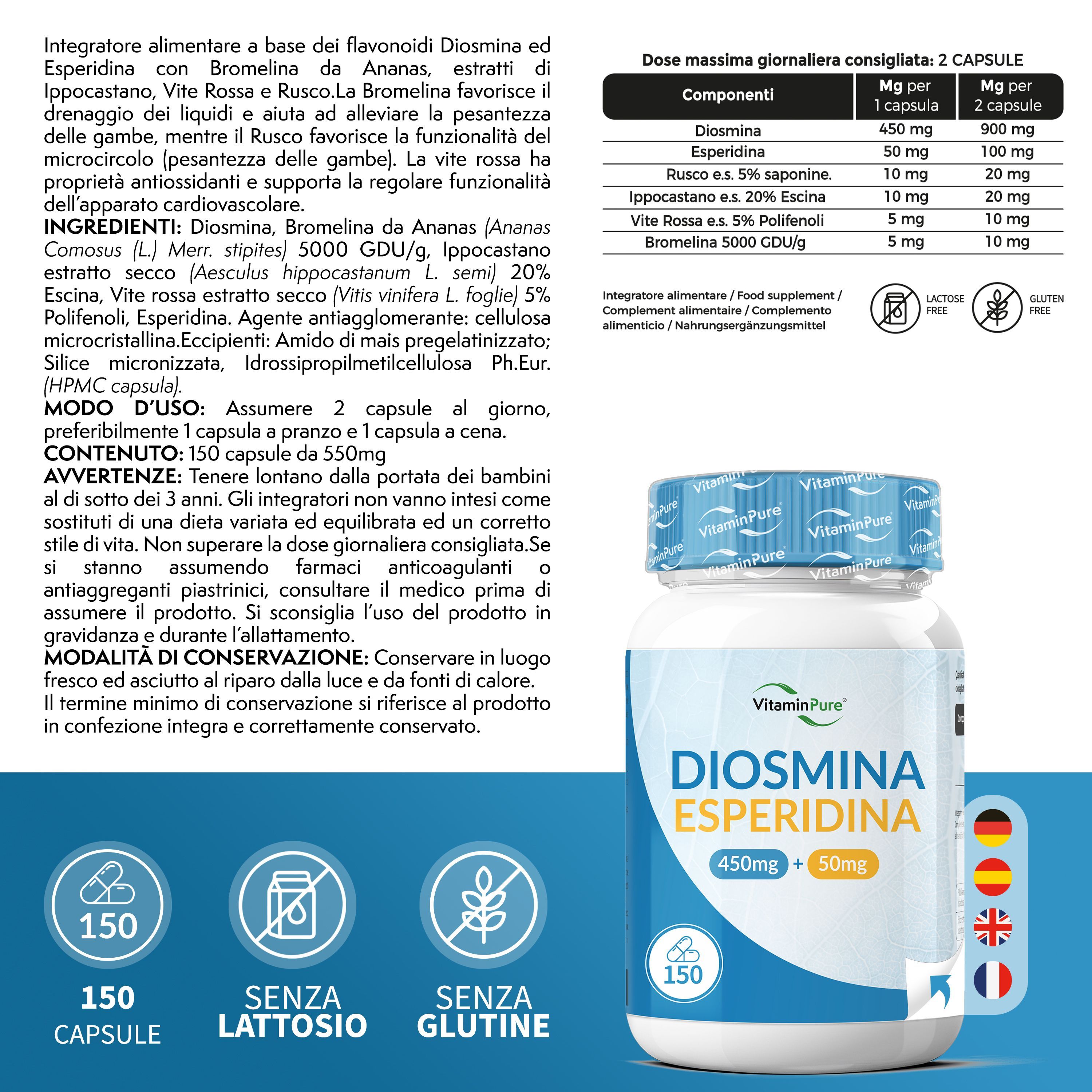Diosmina ed Esperidina VitaminPure®, Supporto al Microcircolo e alla Circolazione Venosa