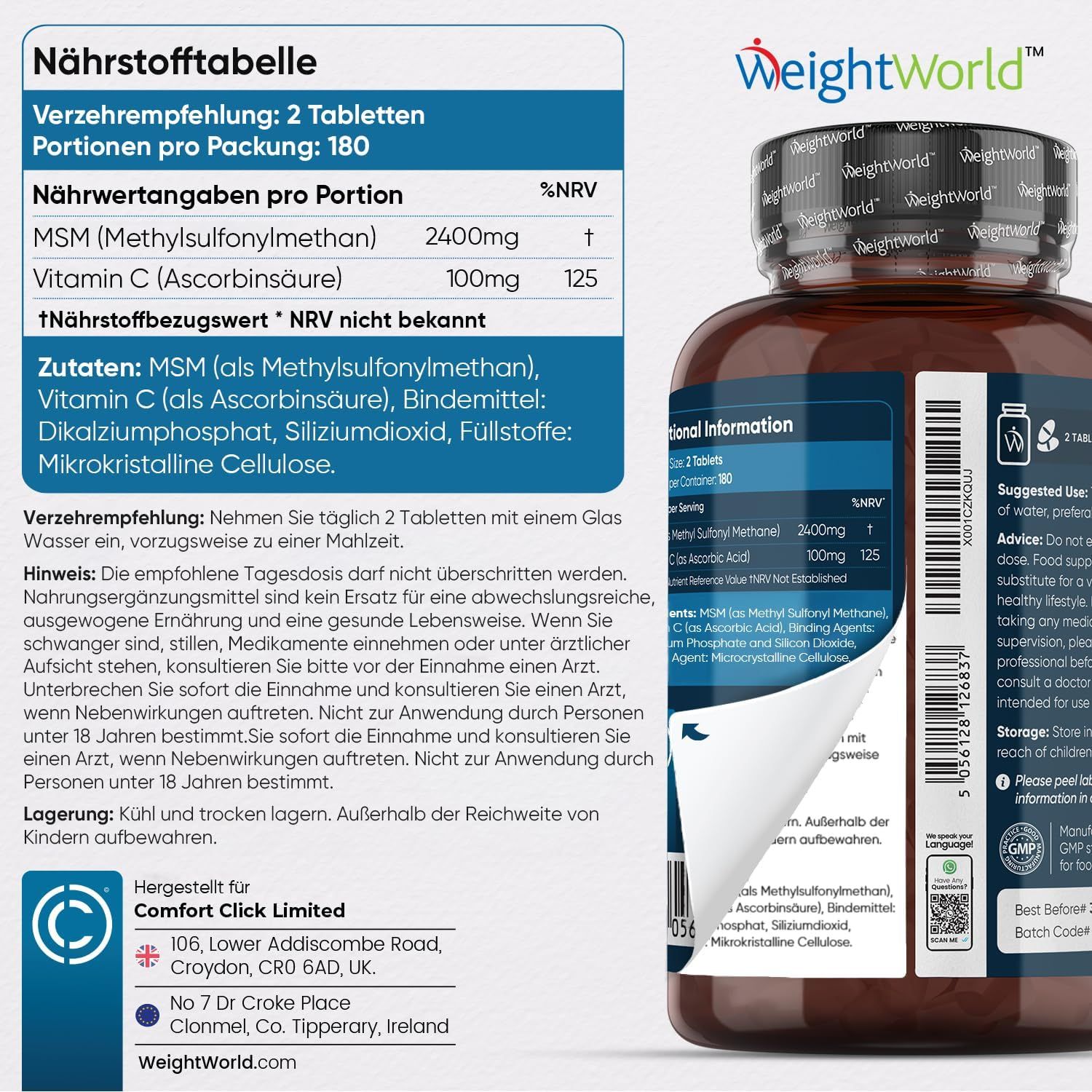 Tabella nutrizionale. Flacone MSM CON VITAMINA C. 360 compresse. Ingredienti: MSM, Vitamina C. Sigillo UE.