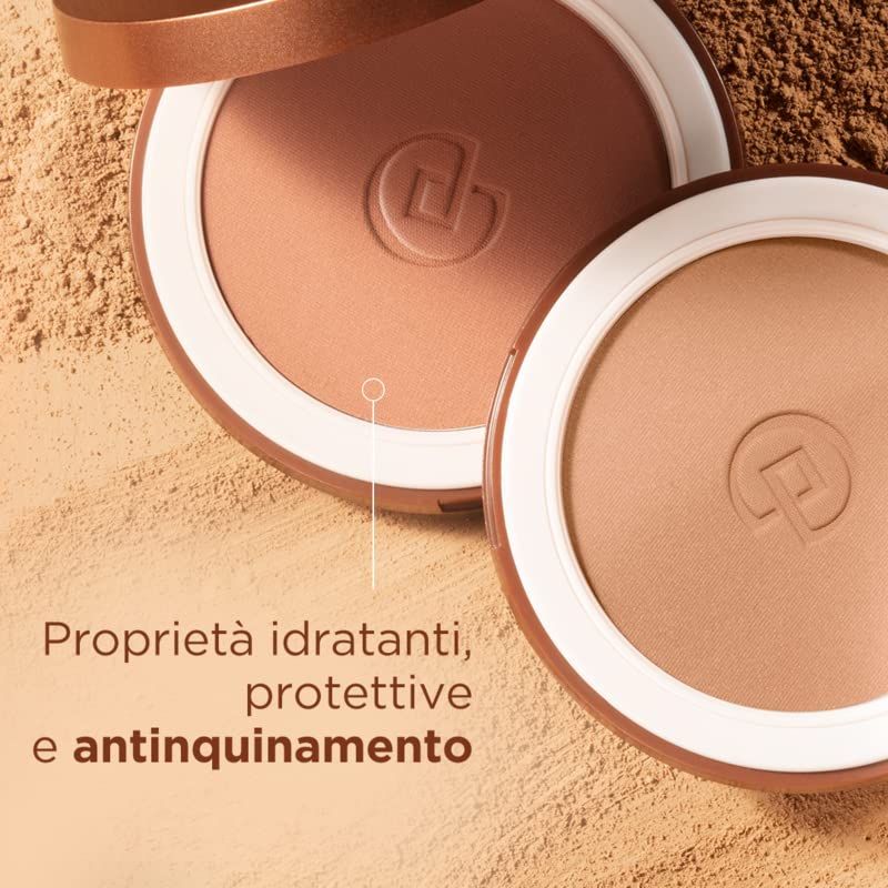 Due terre abbronzanti in confezioni rotonde. Testo: Proprietà idratanti, protettive e antinquinamento. Logo sulla polvere.