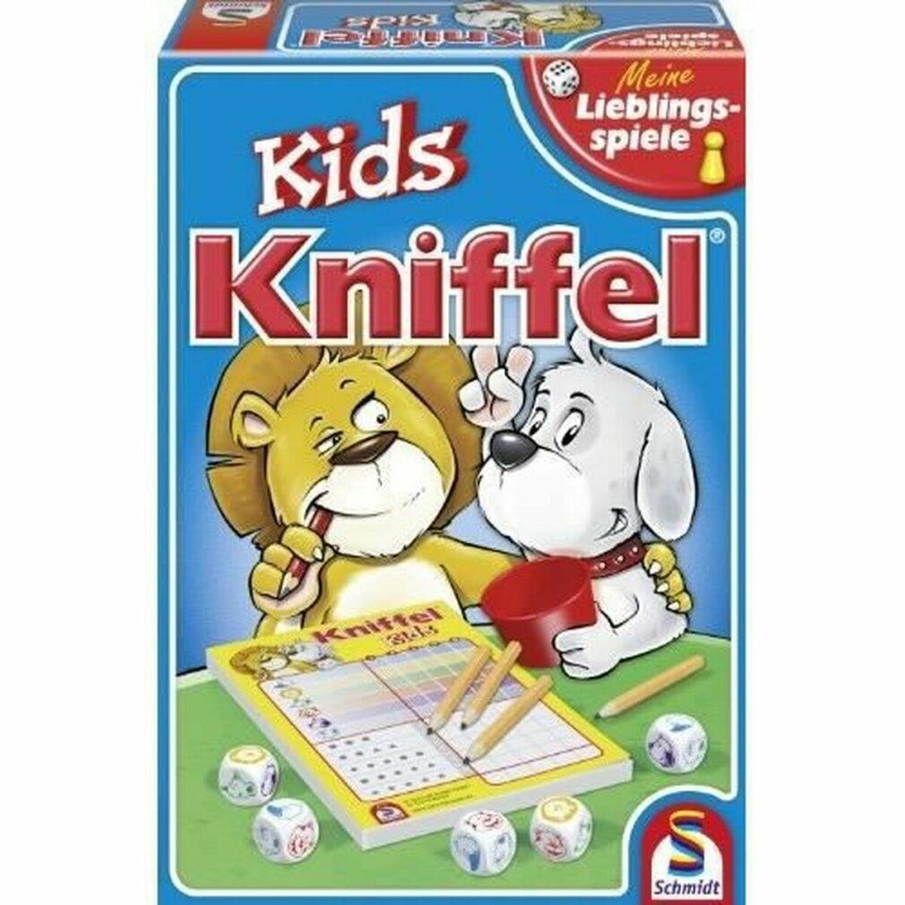 Scatola del gioco Kniffel Kids. Contiene dadi, matite e blocco note. Raffigurati un leone e un cane.