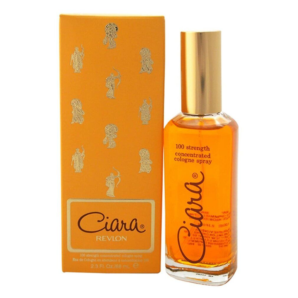 Flacone e confezione Revlon Ciara Eau de Parfum. Tappo dorato, liquido arancione.