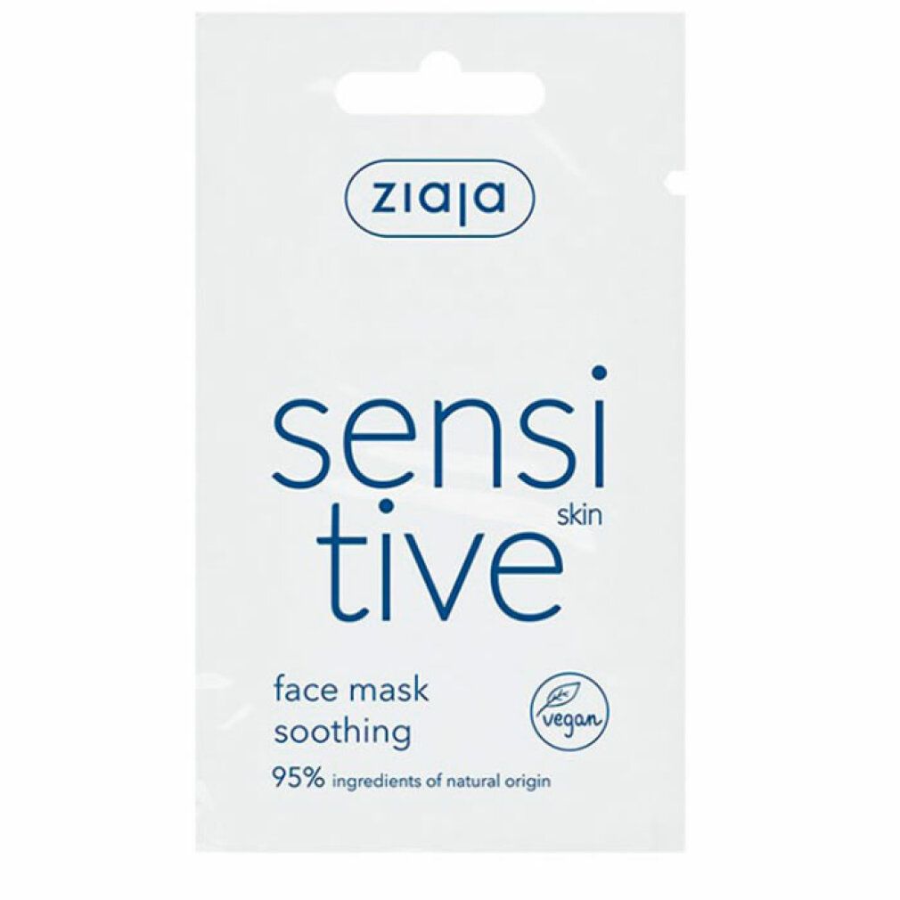 Maschera viso Ziaja Sensitive. Confezione bianca con testo blu: sensitive, face mask, soothing. Sigillo vegano. 95% ingredienti naturali.