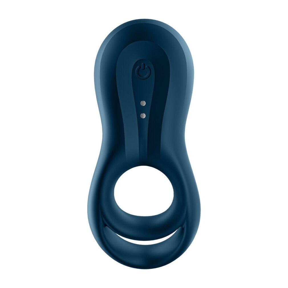 Vibratore ad anello blu. Il prodotto ha un pulsante di accensione e due LED. Ha una forma ad anello con due aperture.