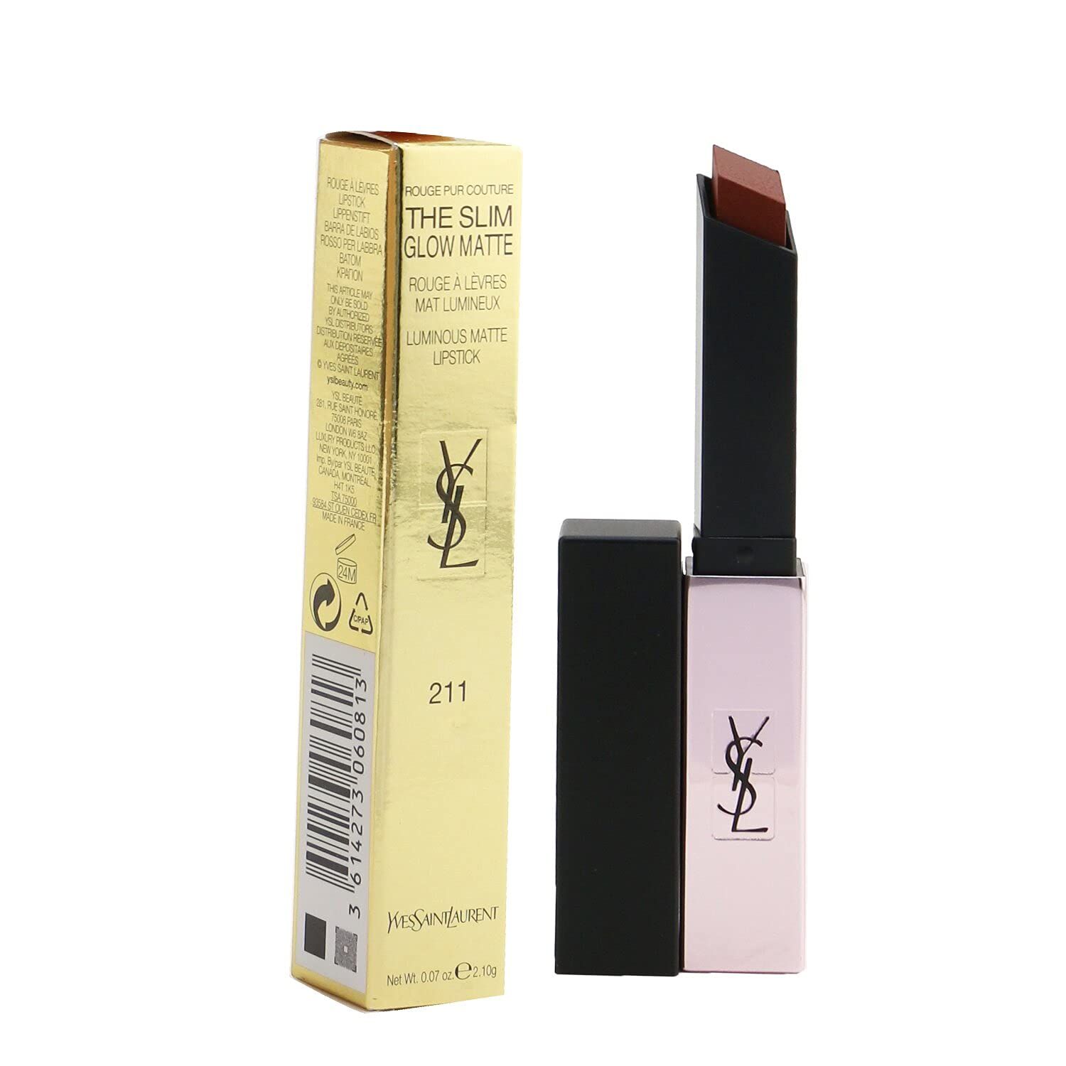 Rossetto con confezione dorata. Astuccio nero aperto. Scritta: Yves Saint Laurent, The Slim Glow Matte, 211.