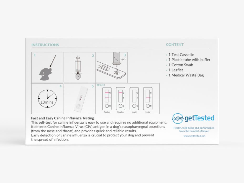 Confezione GetTested Influenza-Test per cani. Include cassetta, provetta, tampone, foglietto illustrativo e sacco rifiuti medico.