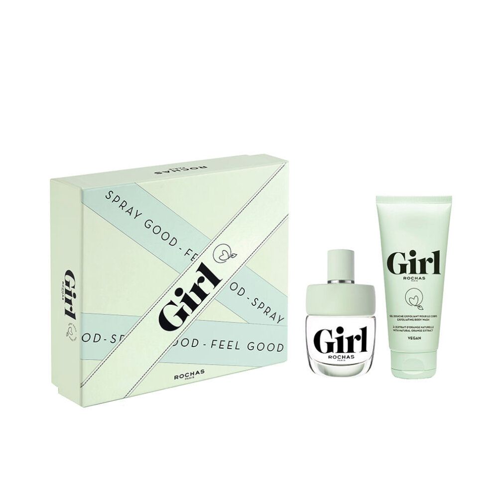 Set regalo Girl con spray Eau de Toilette, flacone e tubo. Scritta Girl. Confezione bianca e verde chiaro.