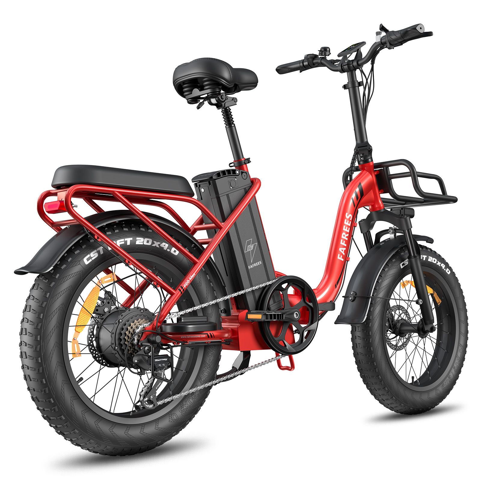 E-bike pieghevole rossa con cestino, pneumatici e sella neri. Logo FAFREES visibile. Con batteria e display LCD.